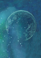 Moon. Starry sky background. Calaxy . Background. Hand-painted illustration of planet in cosmic space.