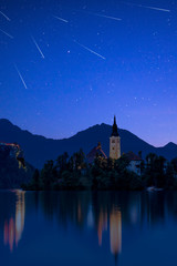Fototapeta premium Perseid MEteor Shower over Bled Lake in Slovenia