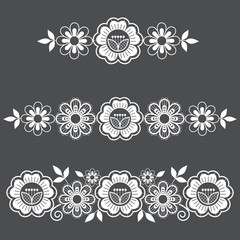 Lace vector long horizontal pattern set, design with flowers and swirls, detailed lace motif