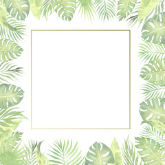 hand painted watercolor border frame green tropical leaves. monstera, palm tree leaves, banana plant leaves. empty space for text. template for design wedding invitation, greeting card