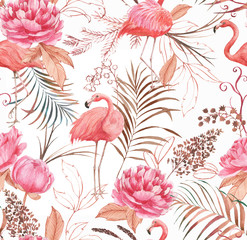 Fototapety  Ręcznie rysowane akwarela bezszwowe wzór z pink flamingo, piwonia i rośliny ozdobne. Powtórz ilustrację tła