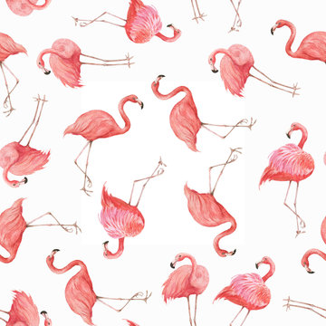 Hand drawn watercolor seamless pattern with pink  flamingo. Repeated background illustration