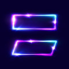 Rectangle neon signs set on dark blue background. Color glowing geometric shapes. Banner flyer poster element design template with text space. Night club shining signboards. Bright vector illustration