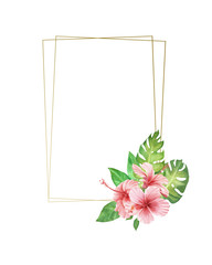 hand painted watercolor border frame Pink  tropical flowers and leaves. monstera leaves and hibiscus bouquet. empty space for text. template for design wedding invitation, greeting card