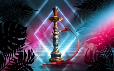 Smoking hookah on a dark abstract background, neon light. Silhouettes of tropical palm leaves in the foreground.