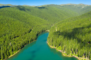 Mountain forest lake landscape. Aerial view. View on the turquoise color lake between mountain forest. Over beautiful turquoise mountain lake and green forest. National park. Green pine and fir trees