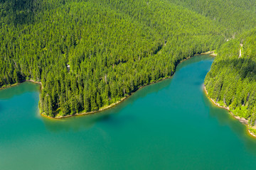 Mountain forest lake landscape. Aerial view. View on the turquoise color lake between mountain forest. Over beautiful turquoise mountain lake and green forest. National park. Green pine and fir trees