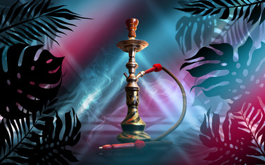 Smoking hookah on a dark abstract background, neon light. Silhouettes of tropical palm leaves in the foreground.