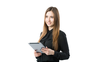Woman business technology theme. Beautiful young caucasian woman in black shirt posing standing with tablet hands on white isolate background. Profession Marketer Sales Social Media Advertising