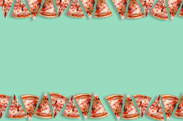 triangular pieces of pizza are in two rows, the first row from the top image in the second row at the bottom of the image in the middle of the free advertising space, on a light green background