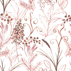 Hand drawn watercolor seamless pattern with decorative plants. Repeat background illustration