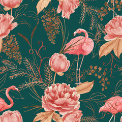 Hand drawn watercolor seamless pattern with pink flamingo, peony and decorative plants. Repeat background illustration © anastasianio