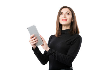 Woman business technology theme. Beautiful young caucasian woman in black shirt posing standing with tablet hands on white isolate background. Profession Marketer Sales Social Media Advertising