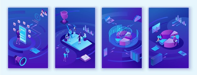 Data analysis center, business people analyze diagram, kpi analytics, digital technology in finance, AI concept, big research isometric vertical mobile template, teamwork 3d background
