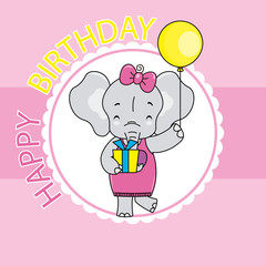 girl birthday card. Cute elephant with a gift and a balloon