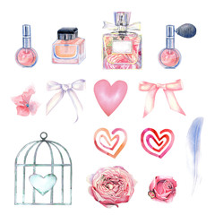 Clip art with perfume bottle, roses, heart, cage on a  white background .Hand painted in watercolor.