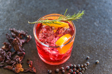 Beautiful hibiscus kombucha cocktail with gin and vodka, decorated with rosemary branch.