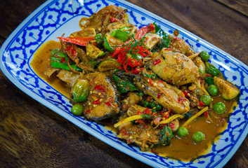 Fish with spicy chili sauce in the dish