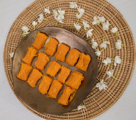 Close up homemade Dessert made from egg yolks or Thai desserts. (Selective focus)