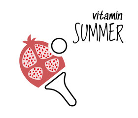Table tennis racket with pomegranate. Vitamin summer. Summer time. Fruit and Sport