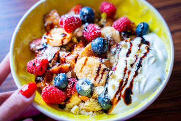Fresh Fruit Salad with Sour Cream and Balsamic Cream, Summer Healthy Lunch
