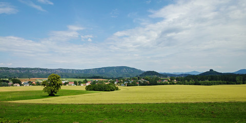 Fototapeta na wymiar view over the fields to Zirkelstein rock