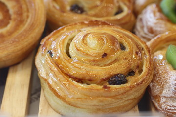 Fresh bread in a bakery at cafe.