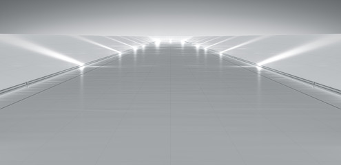 Elegant white futuristic light and reflection with grid line background. 3D rendering.