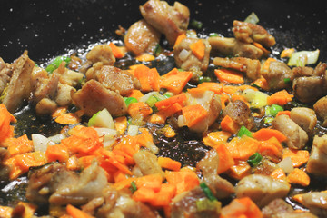 Cooking in a pan. Roasted meat and vegetables
