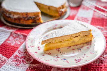 A Piece of the Homemade Rhubarb and Apple Pie with Icing Sugar on the Plate