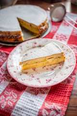 A Piece of the Homemade Rhubarb and Apple Pie with Icing Sugar on the Plate