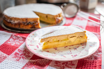 A Piece of the Homemade Rhubarb and Apple Pie with Icing Sugar on the Plate