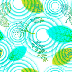 Fototapeta na wymiar Green ripples and leaves vector seamless pattern