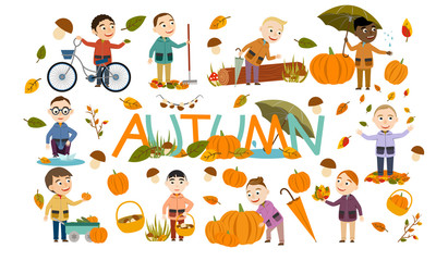 Fototapeta premium Set of different boys in an autumn clothes plays with leaves, launches a paper boat, rides a bicycle, carries pumpkins and has fun in the fall. Cute Vector Illustration