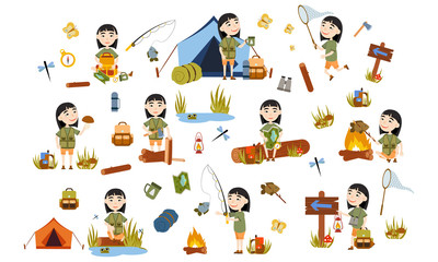 Fototapeta premium Set Asian girl gardening plants, weed beds, watering seedlings, pruning bushes and trees, working in the garden. People and garden tools. Vector illustration