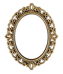 Antique oval brass frame with pattern isolated on white background. Retro style object