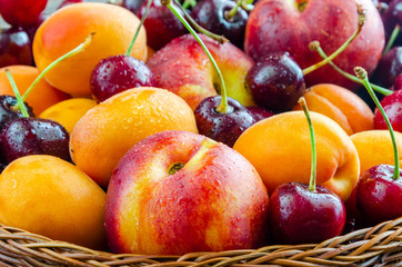 Naklejka na ściany i meble Sweet cherry, apricot, peach close-up. Fresh fruits in wicker dish.