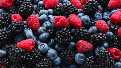 Blackberry, raspberry, blueberry background.  Top view.