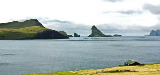 Colourful, picturesque panorama of Faroe islands sea shore with green & yellow grass, lonely house and hills & rocks, big mountain and touristic ship in ocean in the background