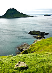 Faroe islands sea shore with green grass and rocks, big mountain\cliff in ocean in background; view from top point, vertical perspective;