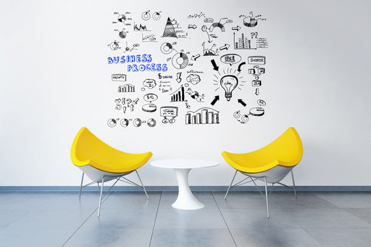 3d rendered modern office with business plan doodles on a blackboard above two chairs like in a meeting room