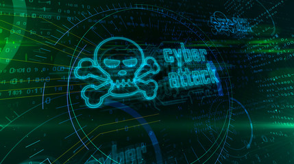 Cyber attack hologram concept with skull