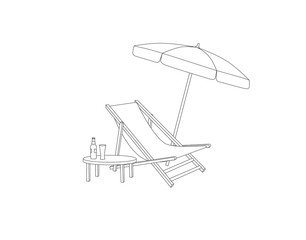 Chaise longue, table, parasol on beach. Deck chair sign of summer holiday Outline drawing