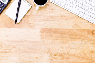 flat lay Office desk table of modern workplace with laptop on wooden table, top view laptop background and copy space on wooden background, White desk office with laptop, laptop background