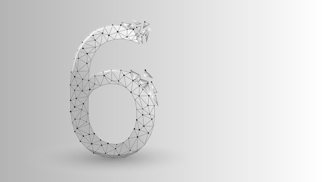 number six 2D low poly abstract illustration consisting of points, lines, and shapes in the form of planets, stars and the universe.Origami Raster digit 6 wireframe concept.