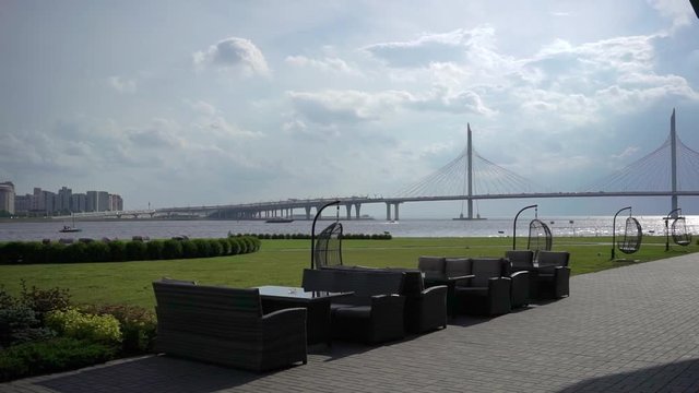 Suspension modern bridge in a city