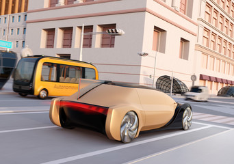 Rear view of autonomous sedan and bus driving through an intersection at sunset.  3D rendering image. 