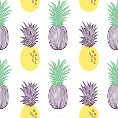 Seamless pattern of pineapple. Fruit and slice of exitix tropical. Vector hand drawn illustration set in modern trendy flat style for web, print posters and wallpapers