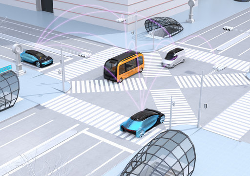 Traffic In Modern City Intersection. Self Driving Sedan, Delivery Van And Bus Connected Each Other With Pink Curve. Connected Cars Concept. 3D Rendering Image.