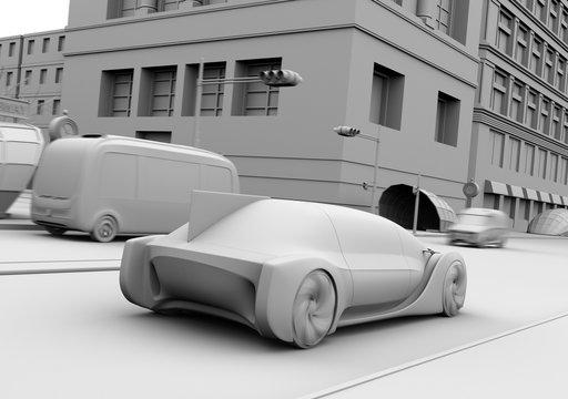 Clay rendering of self driving sedan driving on the road. Ride sharing concept. 3D rendering image. 